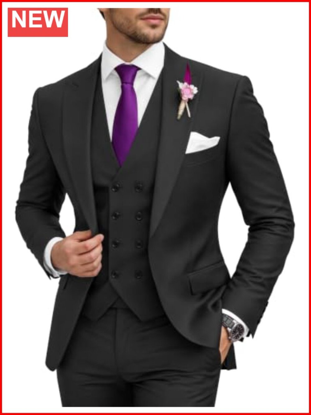 Men's 3 Piece Slim Fit Double Breasted Suit Set Blazer Vest Pants Wedding Prom